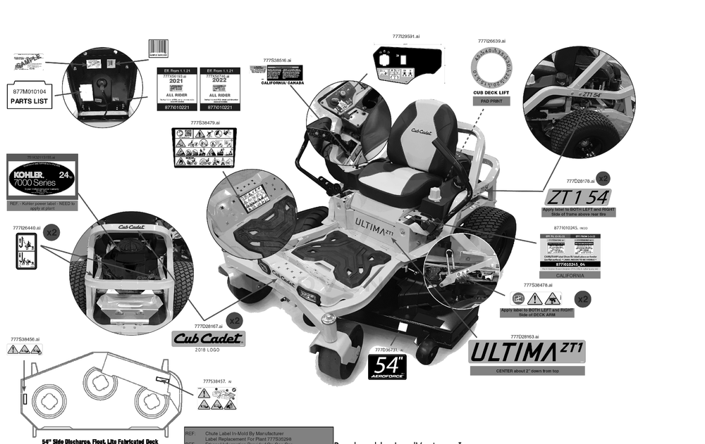 Label Map Diagram and Parts List for ZT1-54KH (17CM210)(2022) Cub Cadet Lawn Tractor